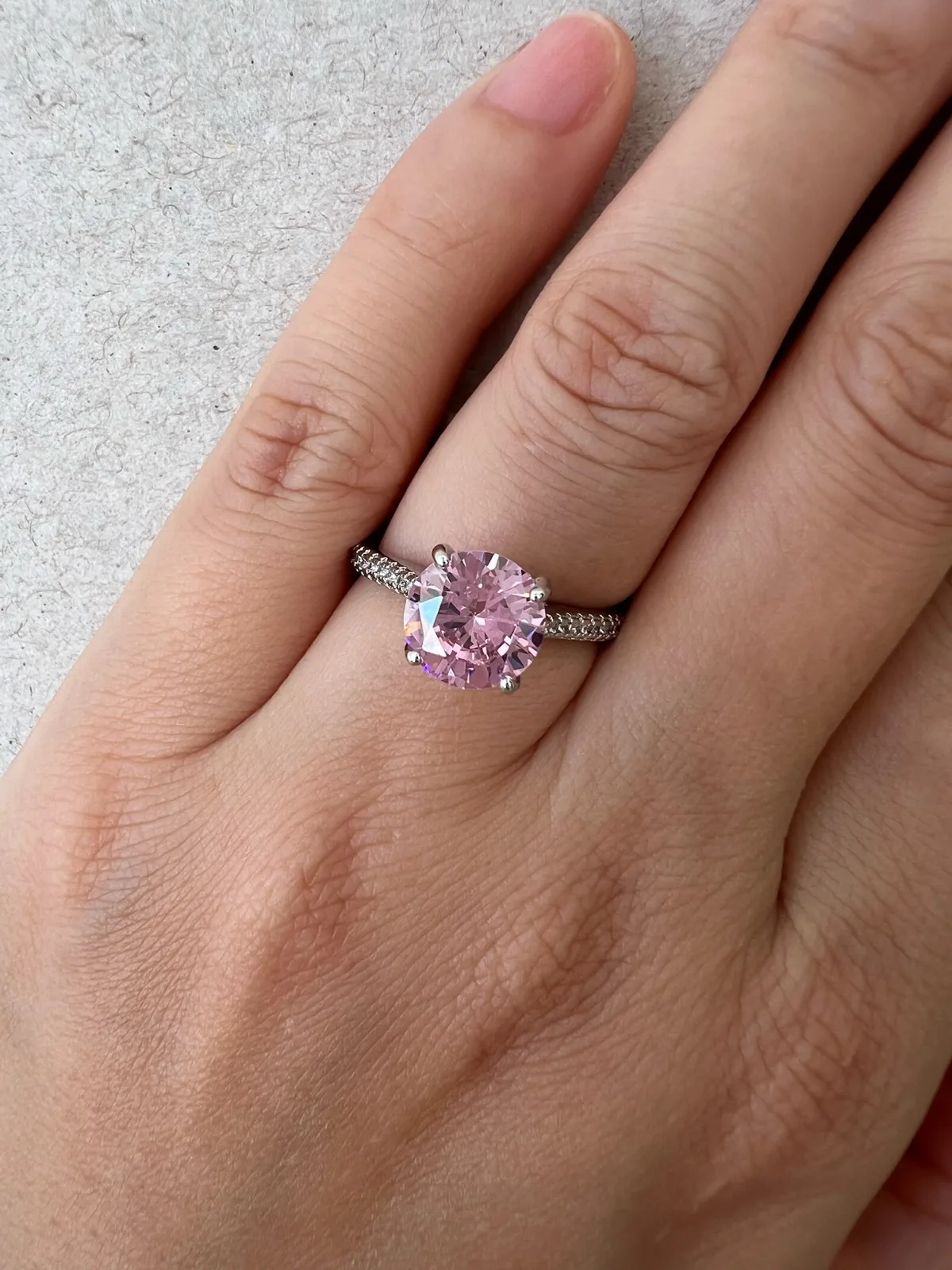 Pink Round Cubic Zirconia Solitaire Ring in Sterling Silver Size M — photo 2