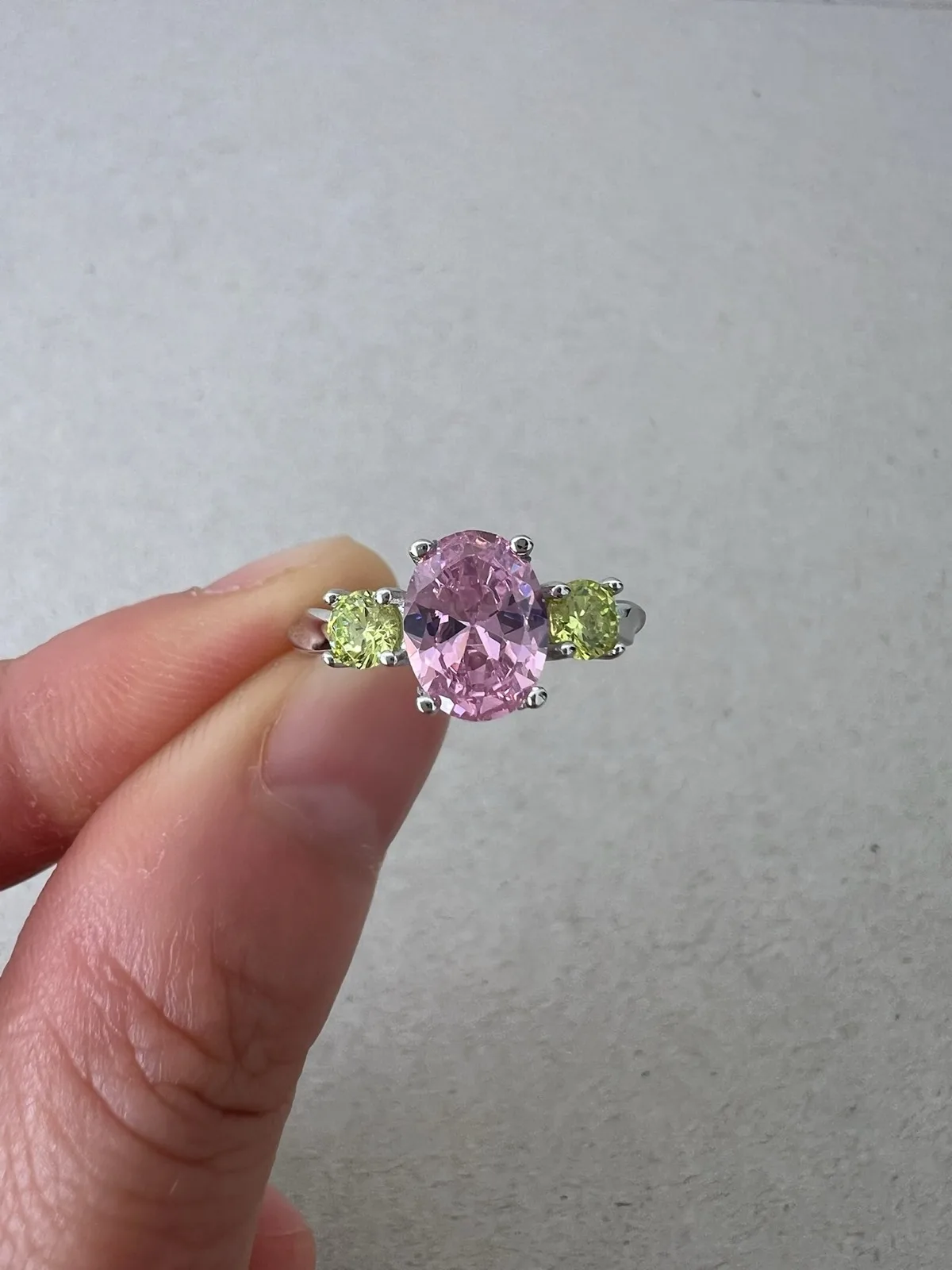Pink & Green CZ Three Stone Ring Sterling Silver Twisted Band Pastel Summer Stat – photo 3