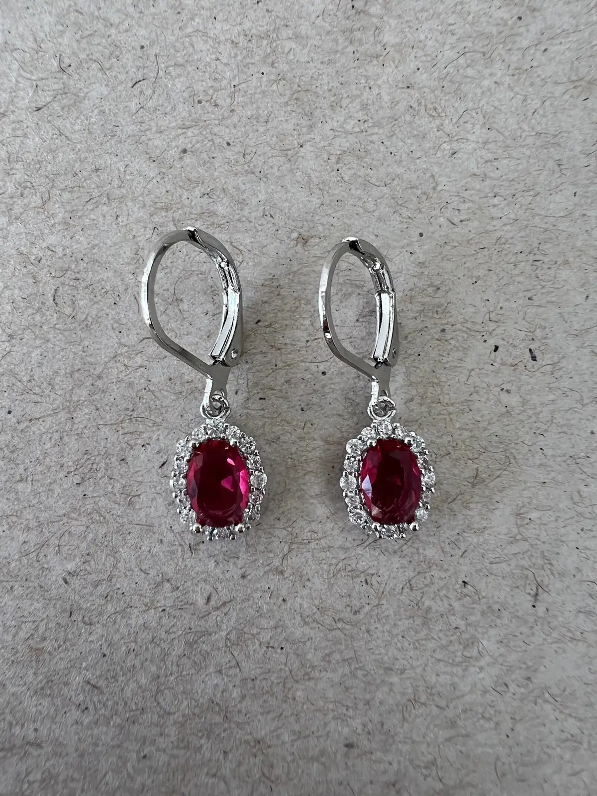 Ruby Red Oval Cut CZ Halo Drop Earrings Sterling Silver Vintage Classic Elegant – photo 4
