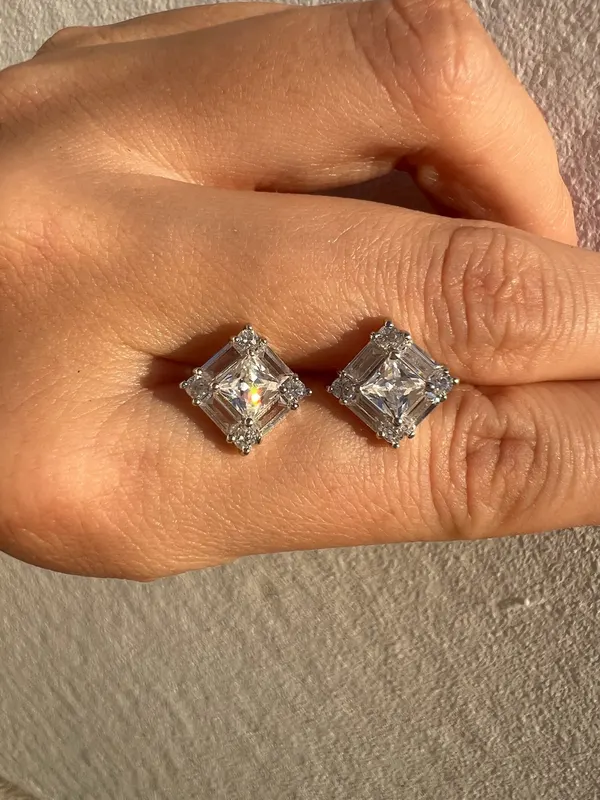 925 Sterling Silver Princess Cut Cubic Zirconia Stud Earrings Square Earrings