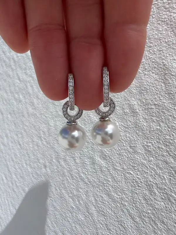925 Sterling Silver Faux Pearl Drop Hoop Earrings CZ Reversible 4 in 1 Detachabl