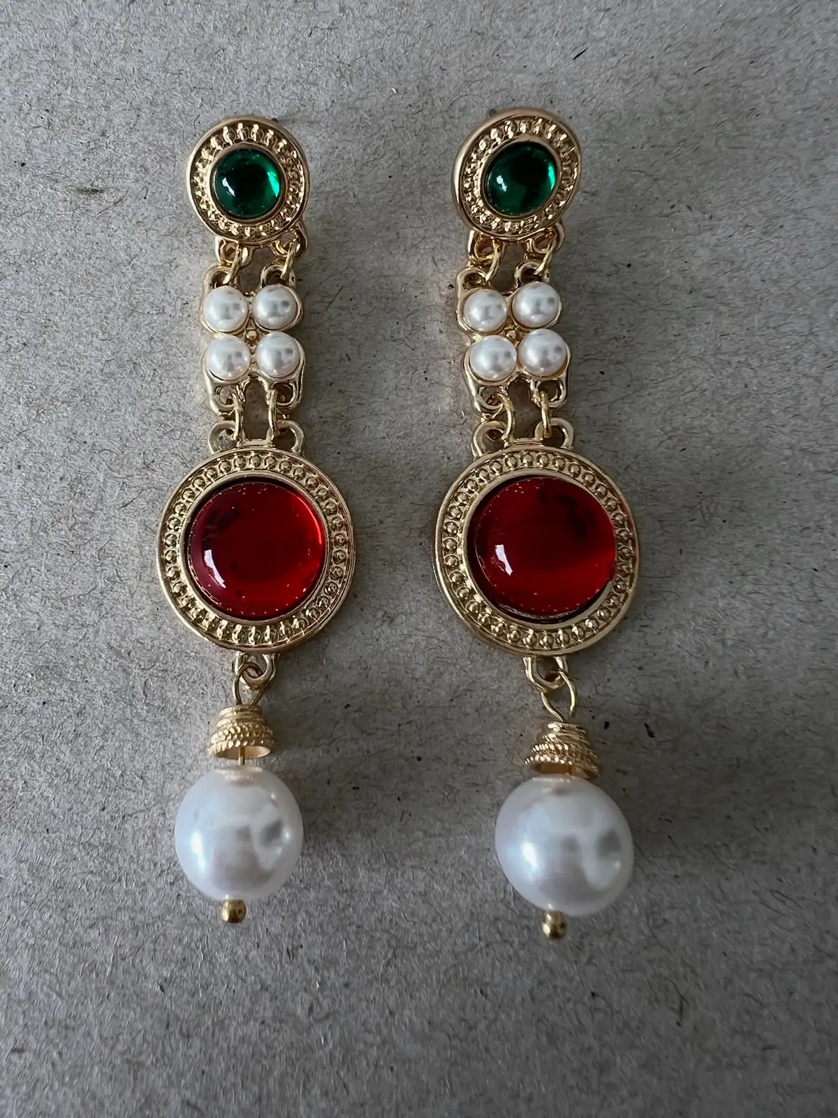 Vintage Inspired Red Green Jewel Tone Faux Pearl Gold Tone Long Drop Statement E – photo 4