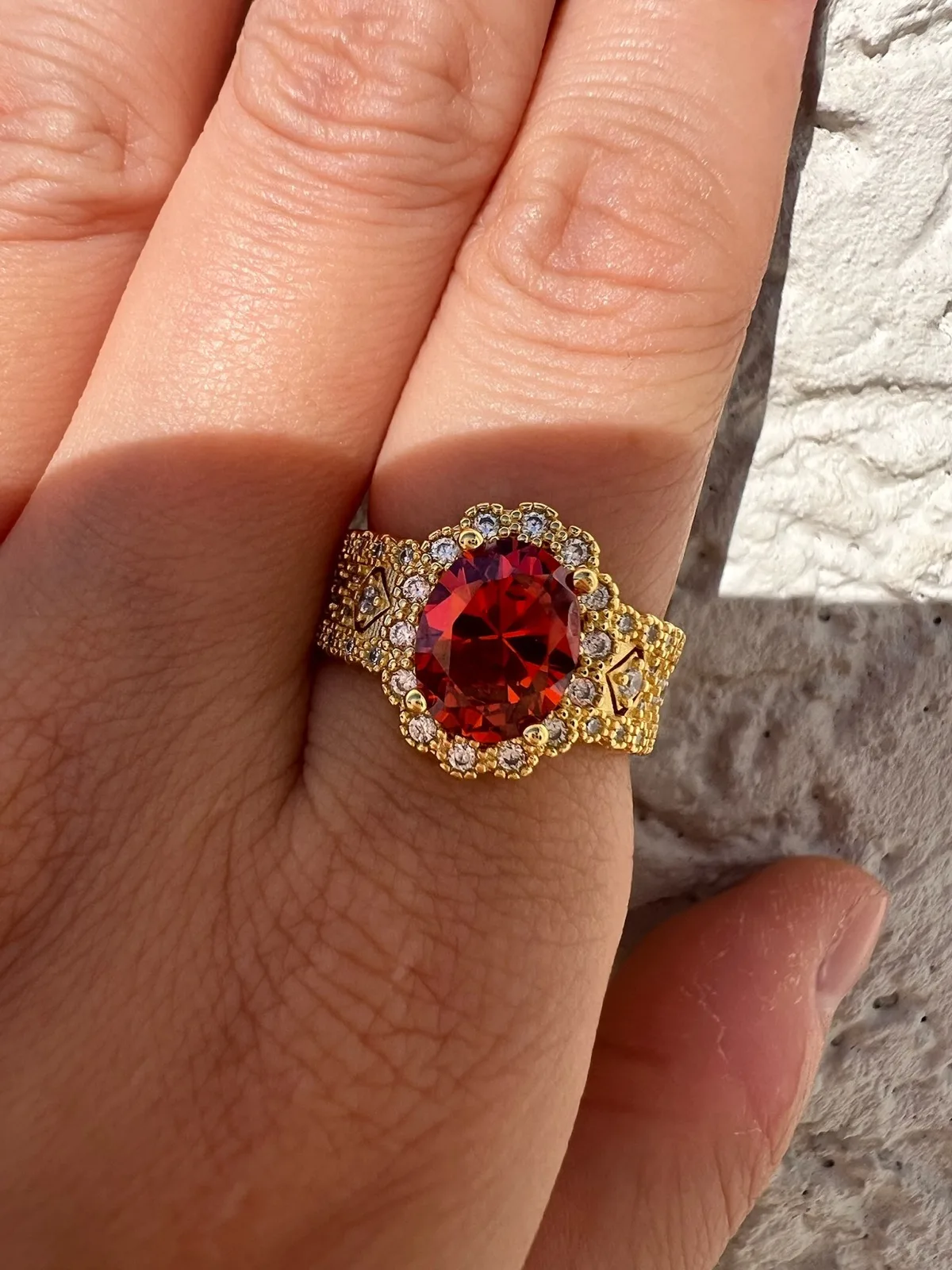925 Sterling Silver Gold Plated Oval Red Cubic Zirconia Halo Dress Ring — photo 2