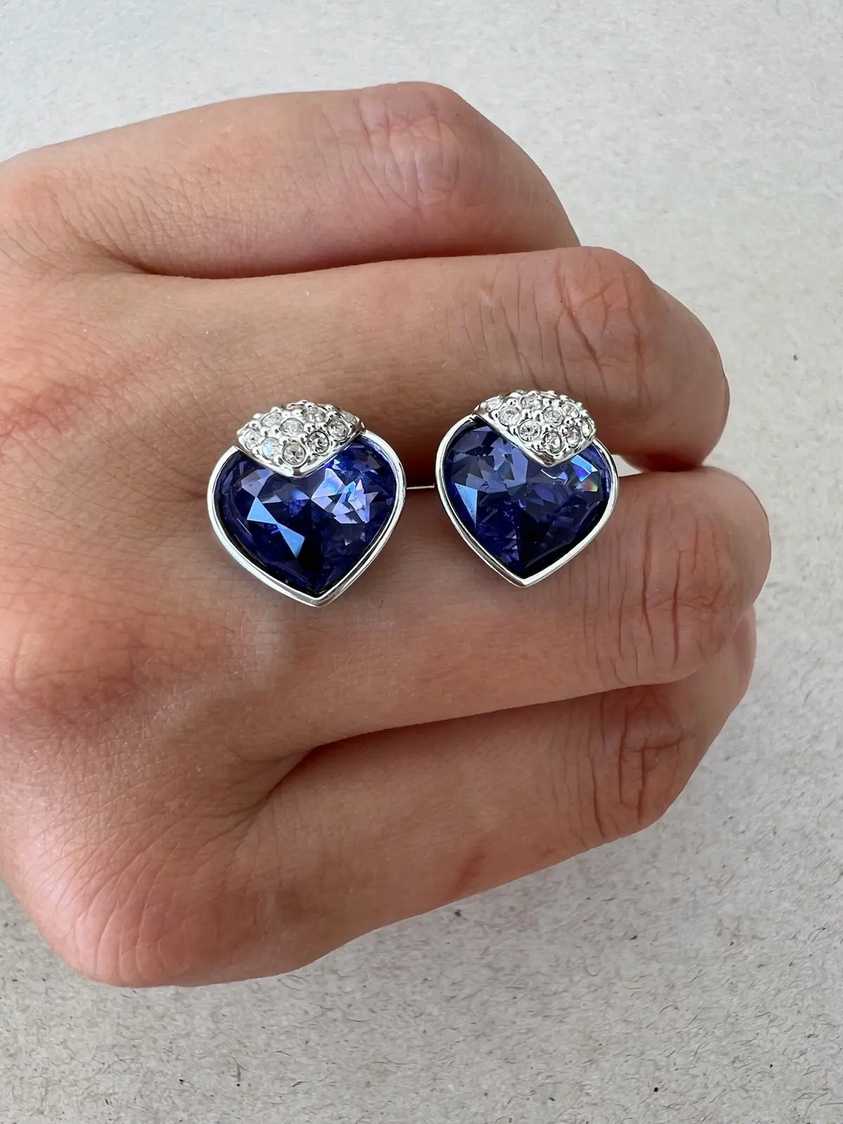 Vintage Swarovski Purple Crystal Heart Stud Earrings Silver Tone Statement Jewel – photo 2