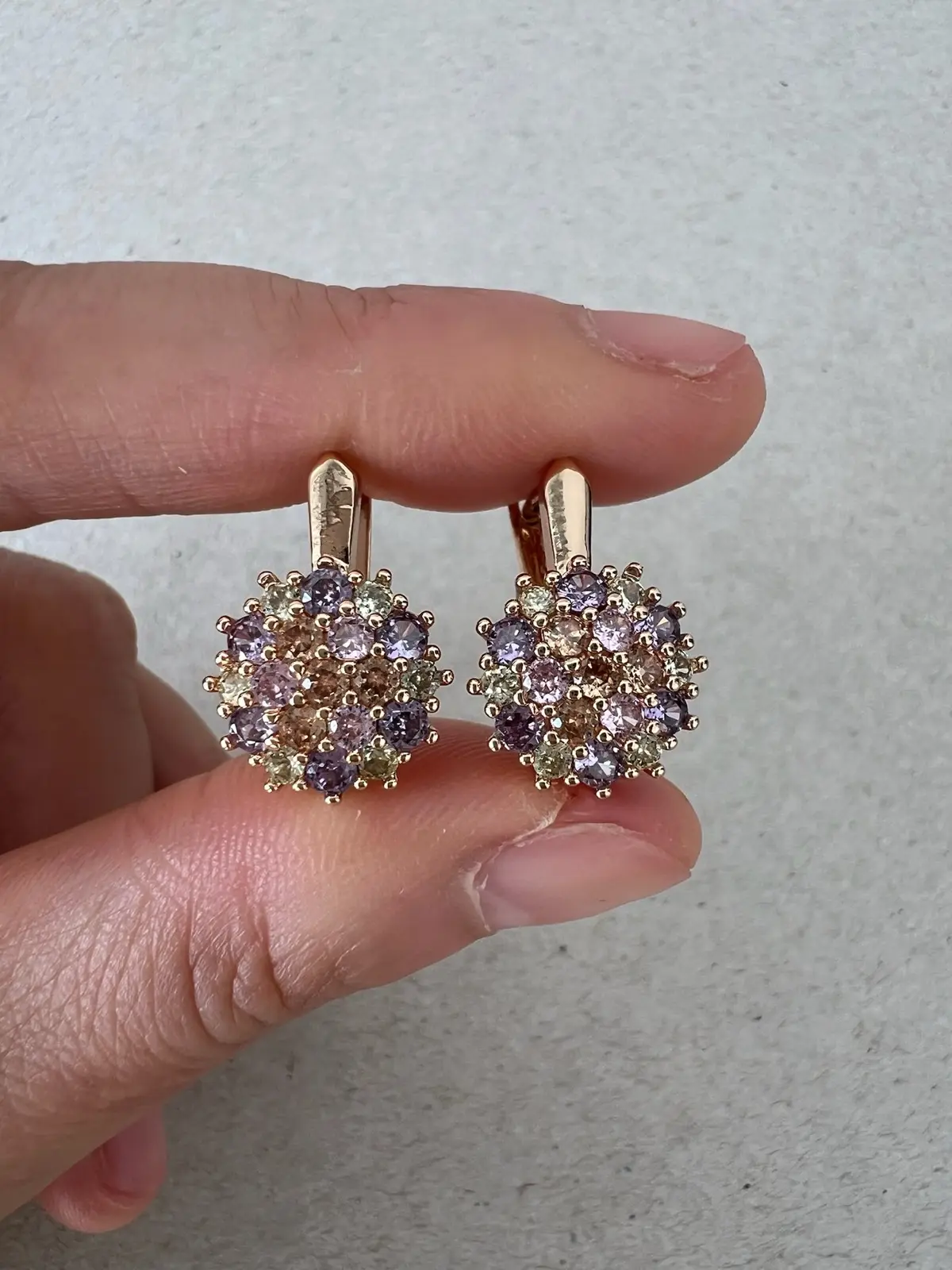 Rose Gold Pastel Floral Earrings Purple Crystal Look Leverback Drops Vintage Sty – photo 2