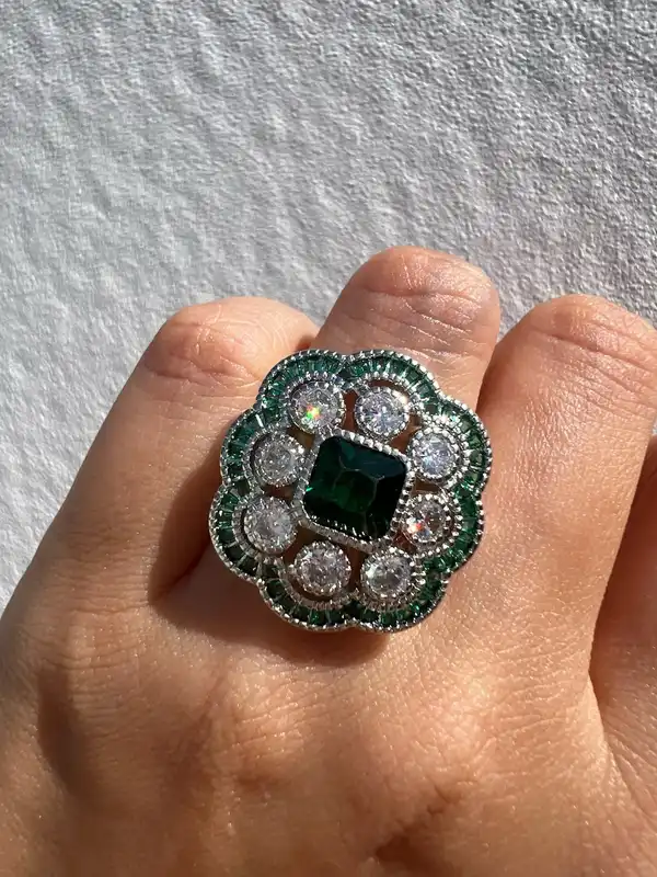 Vintage Art Deco Inspired Emerald Green Statement Cocktail Dress Ring Size Q