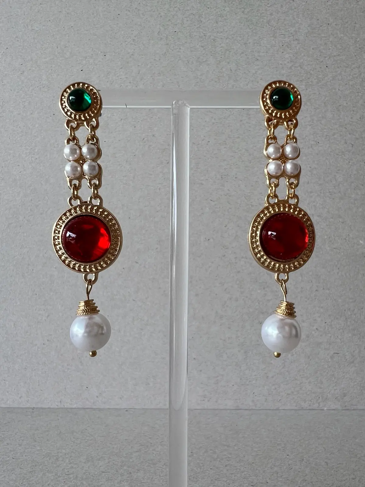Vintage Inspired Red Green Jewel Tone Faux Pearl Gold Tone Long Drop Statement E – photo 6
