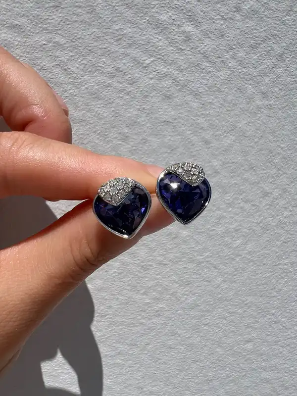 Vintage Swarovski Purple Crystal Heart Stud Earrings Silver Tone Statement Jewel