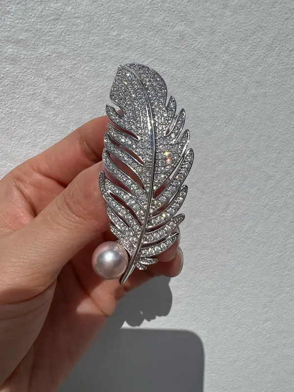 Premium Quality Feather Brooch/Pendant With Freshwater Pearl And Cubic Zirconias