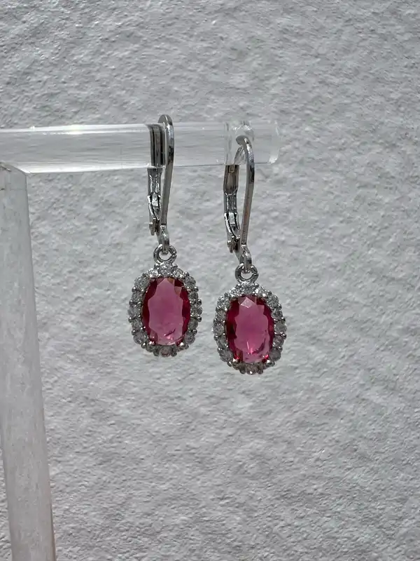 Ruby Red Oval Cut CZ Halo Drop Earrings Sterling Silver Vintage Classic Elegant