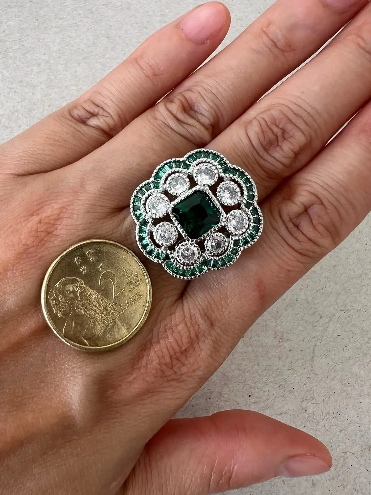 Vintage Art Deco Inspired Emerald Green Statement Cocktail Dress Ring Size Q – photo 8