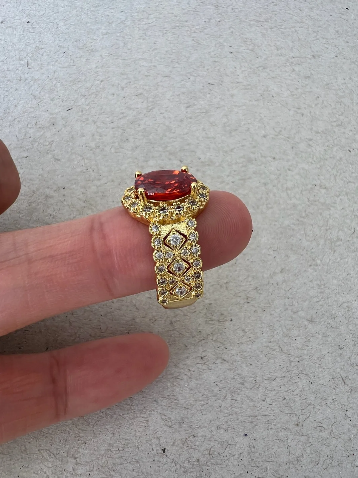 925 Sterling Silver Gold Plated Oval Red Cubic Zirconia Halo Dress Ring — photo 4