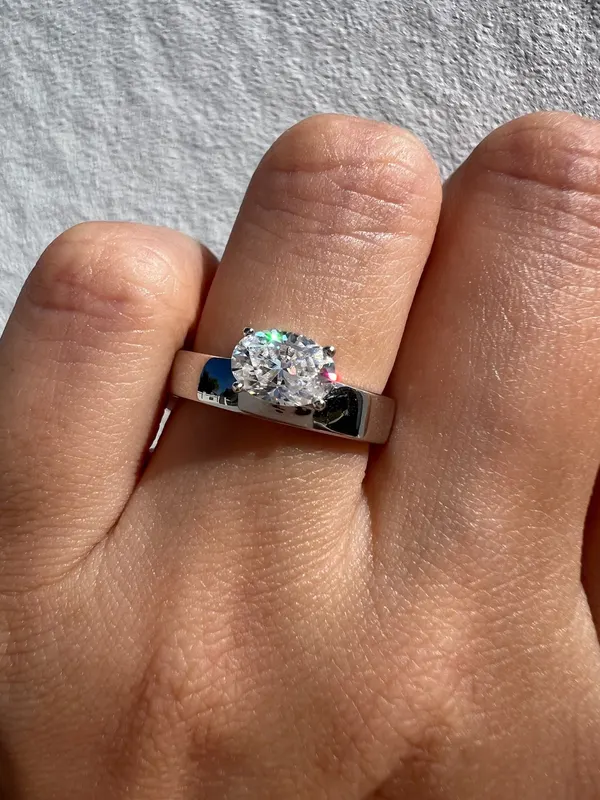 1CT Oval Moissanite Solitaire Ring Sterling Silver Mirror Finish Modern Band Siz
