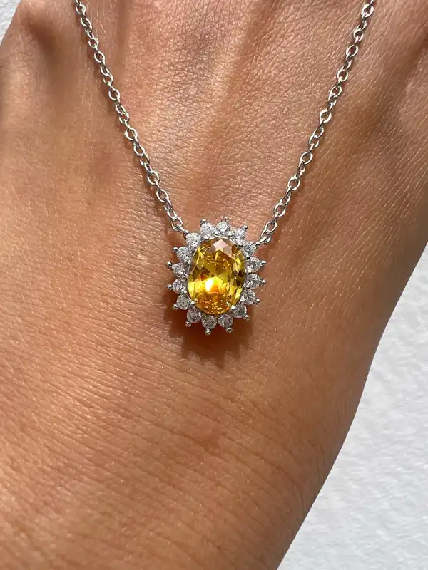 S925 Sterling Silver Oval Yellow CZ Halo Pendant Cable Chain Necklace