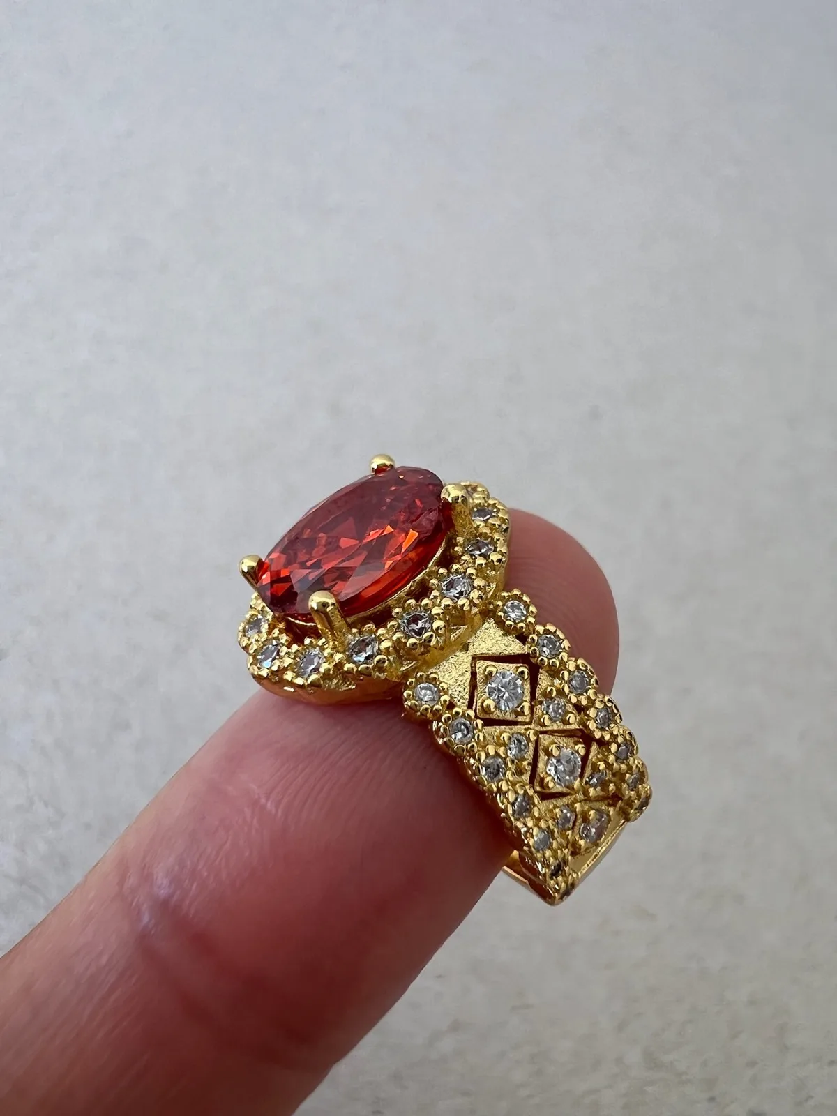 925 Sterling Silver Gold Plated Oval Red Cubic Zirconia Halo Dress Ring — photo 5