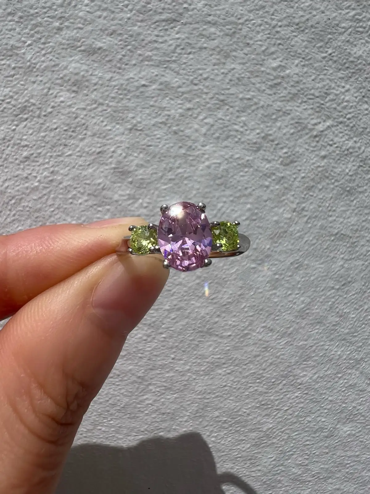 Pink & Green CZ Three Stone Ring Sterling Silver Twisted Band Pastel Summer Stat – photo 2