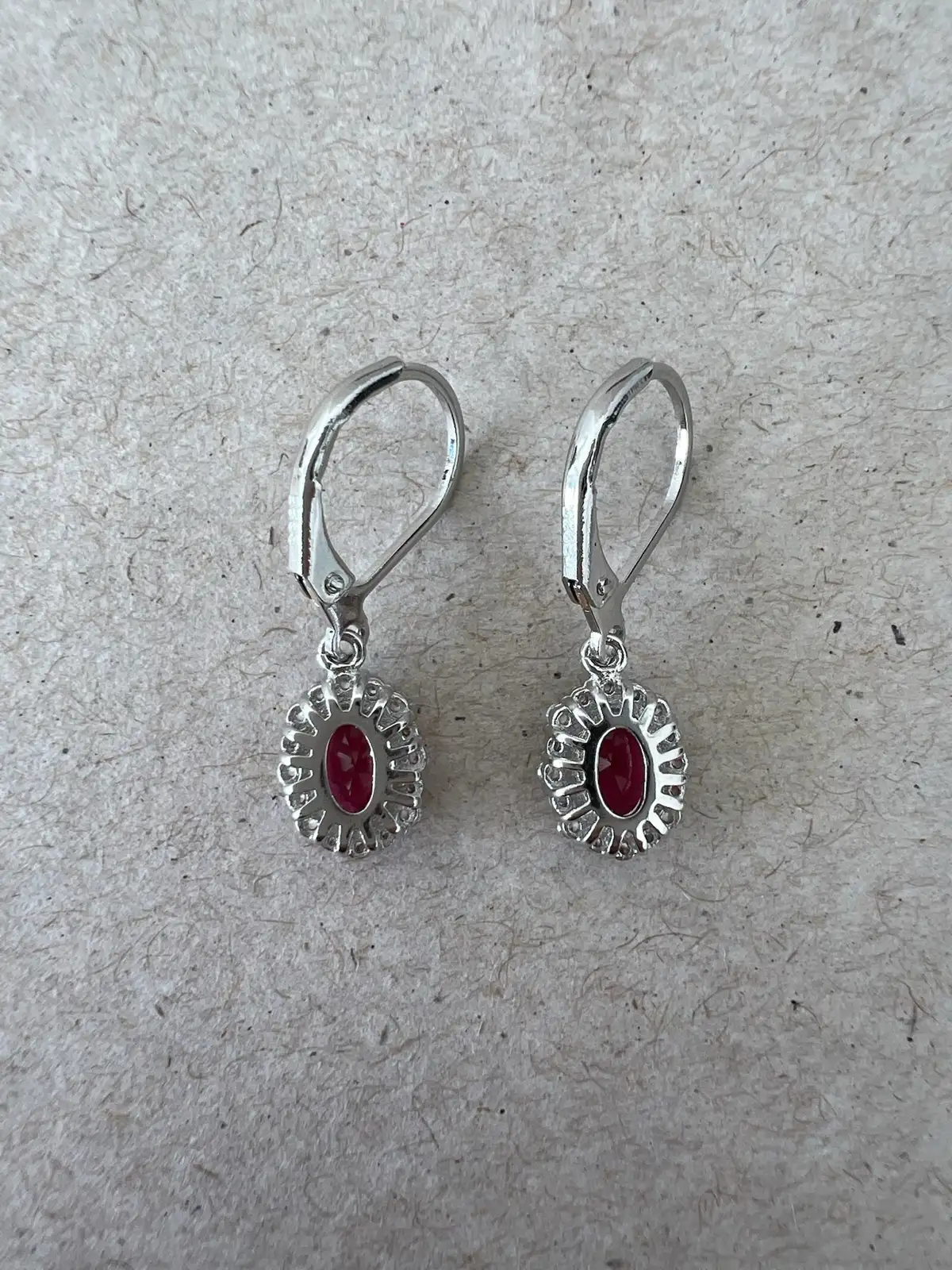 Ruby Red Oval Cut CZ Halo Drop Earrings Sterling Silver Vintage Classic Elegant – photo 5