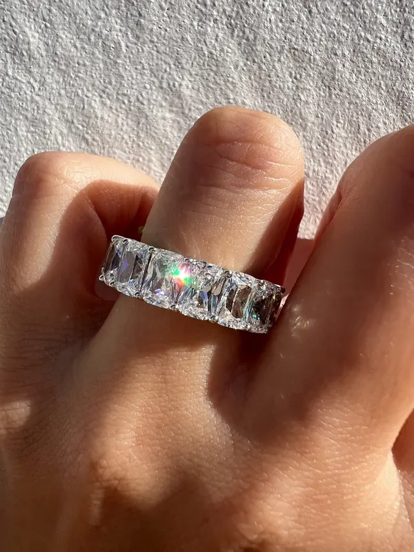 Radiant Cut Cubic Zirconia Full Eternity Ring Sterling Silver Anniversary Band