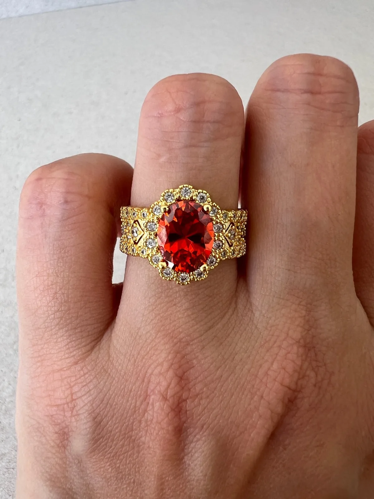925 Sterling Silver Gold Plated Oval Red Cubic Zirconia Halo Dress Ring — photo 7