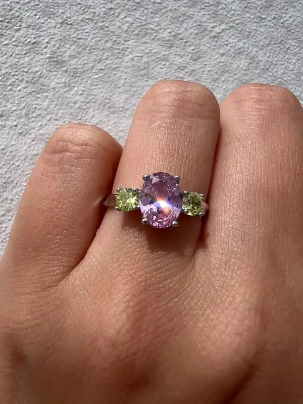 Pink & Green CZ Three Stone Ring Sterling Silver Twisted Band Pastel Summer Stat