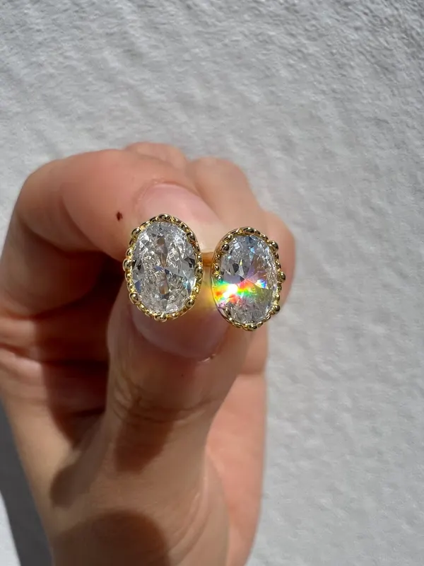 925 Yellow Gold Plated Sterling Silver Oval CZ Stud Earrings 1CT Each 2CT Total