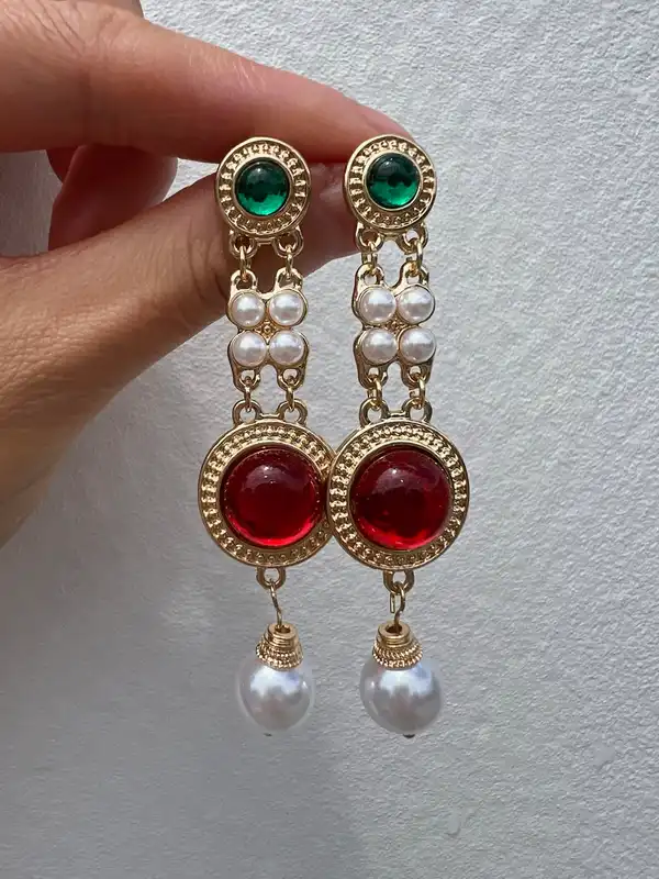 Vintage Inspired Red Green Jewel Tone Faux Pearl Gold Tone Long Drop Statement E