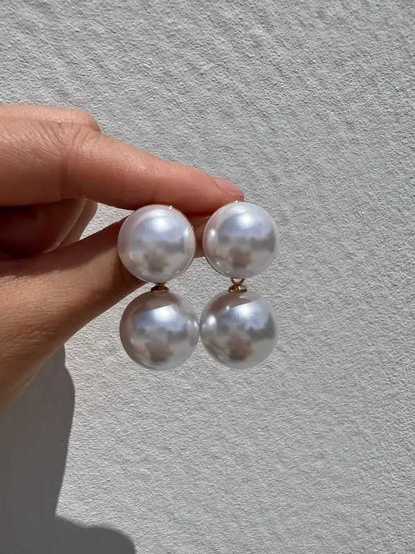 Elegant Double Faux Pearl Drop Earrings White Gold Tone Statement Earrings
