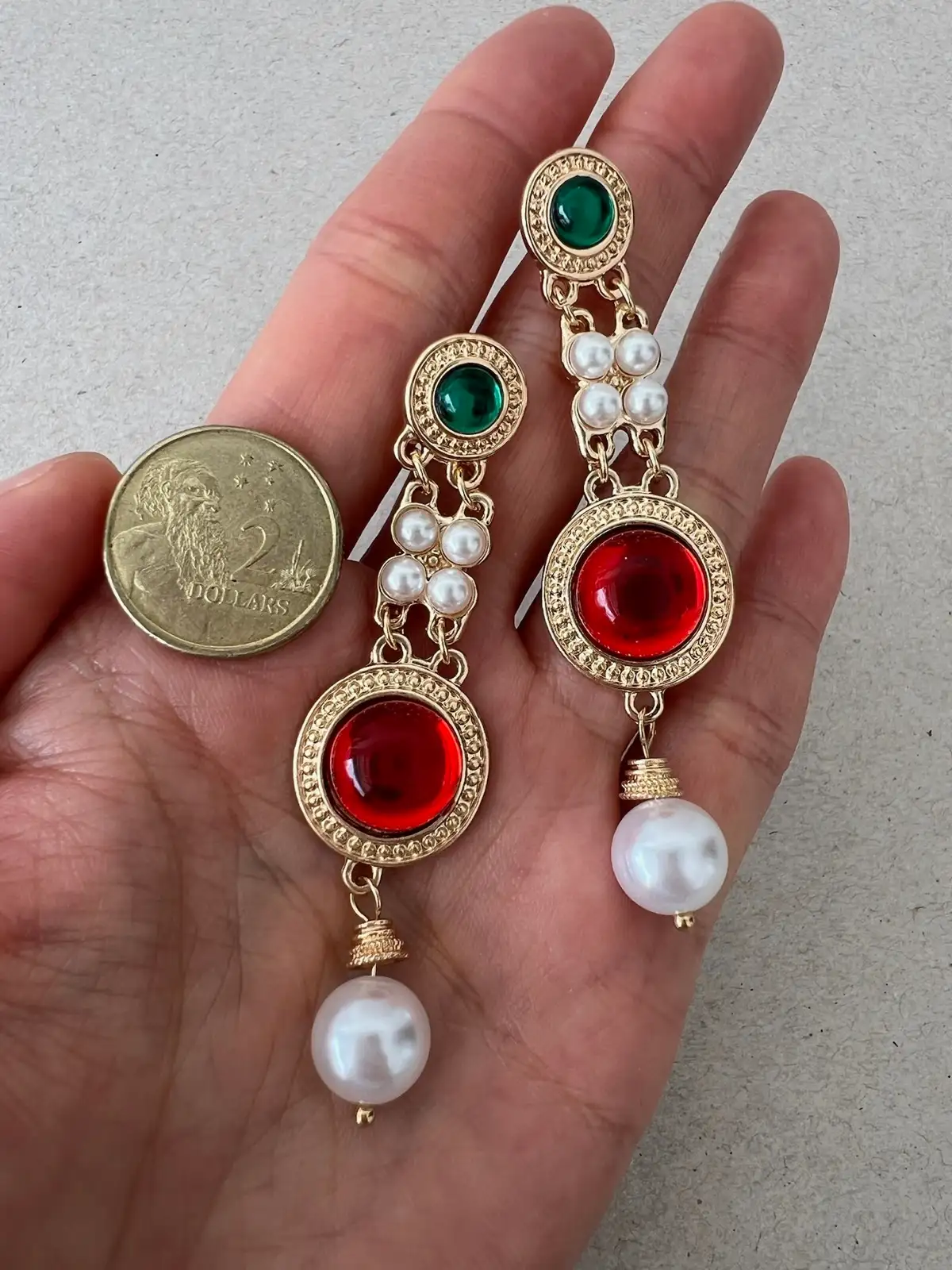 Vintage Inspired Red Green Jewel Tone Faux Pearl Gold Tone Long Drop Statement E – photo 2