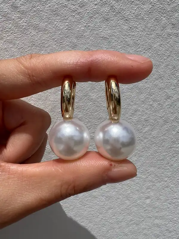 Chic Gold Tone Faux Pearl Drop Hoop Earrings Minimalist Elegant Huggie Statement