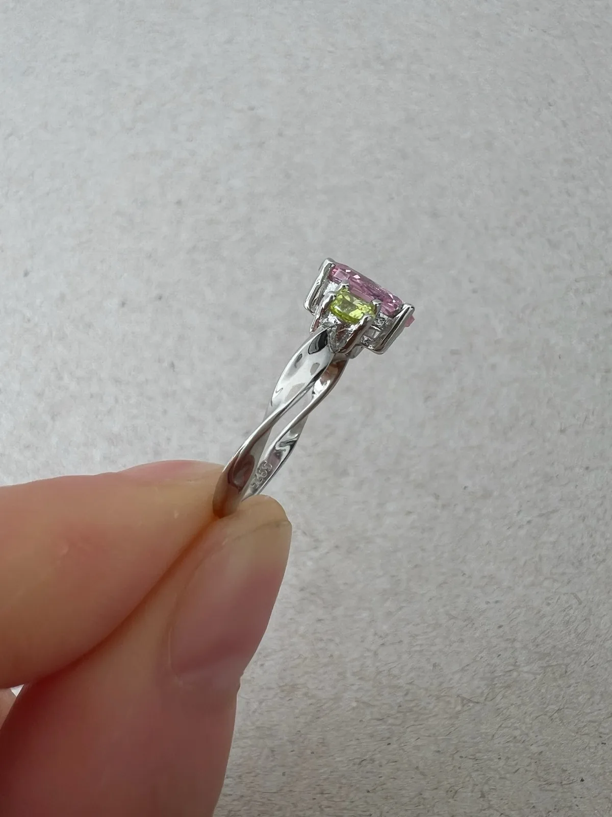 Pink & Green CZ Three Stone Ring Sterling Silver Twisted Band Pastel Summer Stat – photo 5