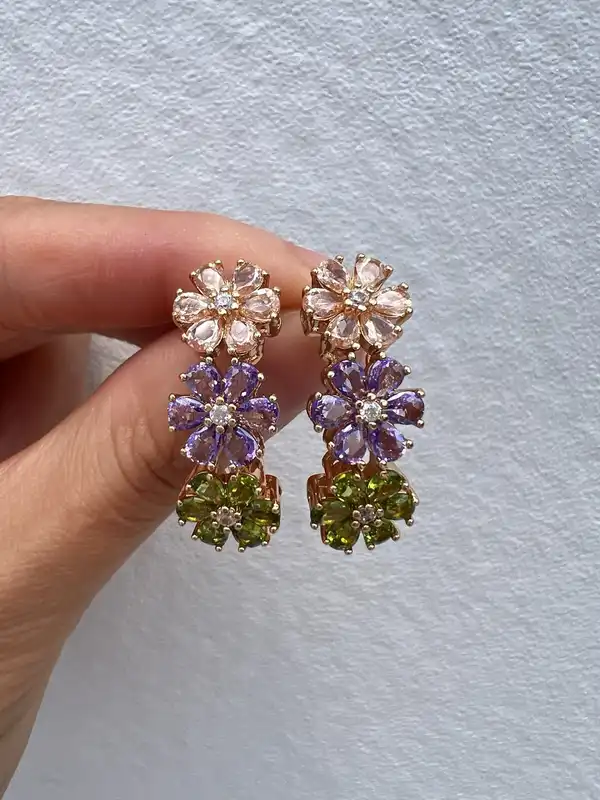 Multicolour Floral Drop Earrings Sparkling CZ Gold Tone Statement Jewellery