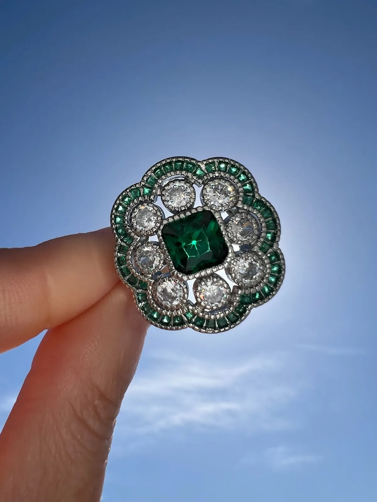 Vintage Art Deco Inspired Emerald Green Statement Cocktail Dress Ring Size Q – photo 3