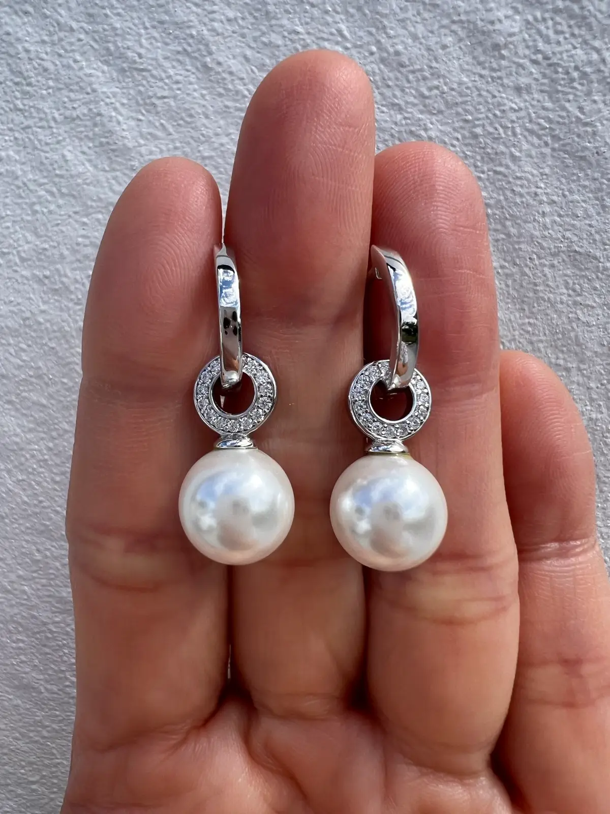 925 Sterling Silver Faux Pearl Drop Hoop Earrings CZ Reversible 4 in 1 Detachabl – photo 3