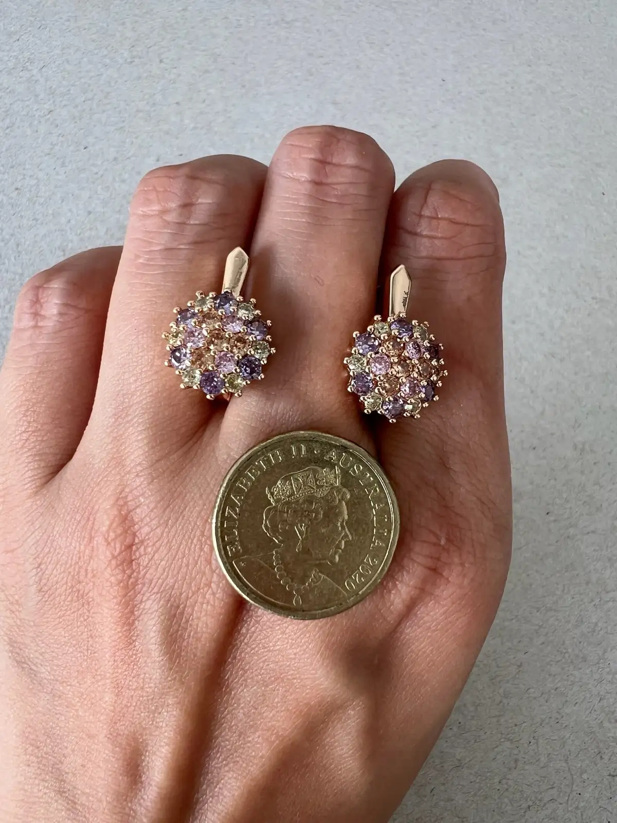 Rose Gold Pastel Floral Earrings Purple Crystal Look Leverback Drops Vintage Sty – photo 11