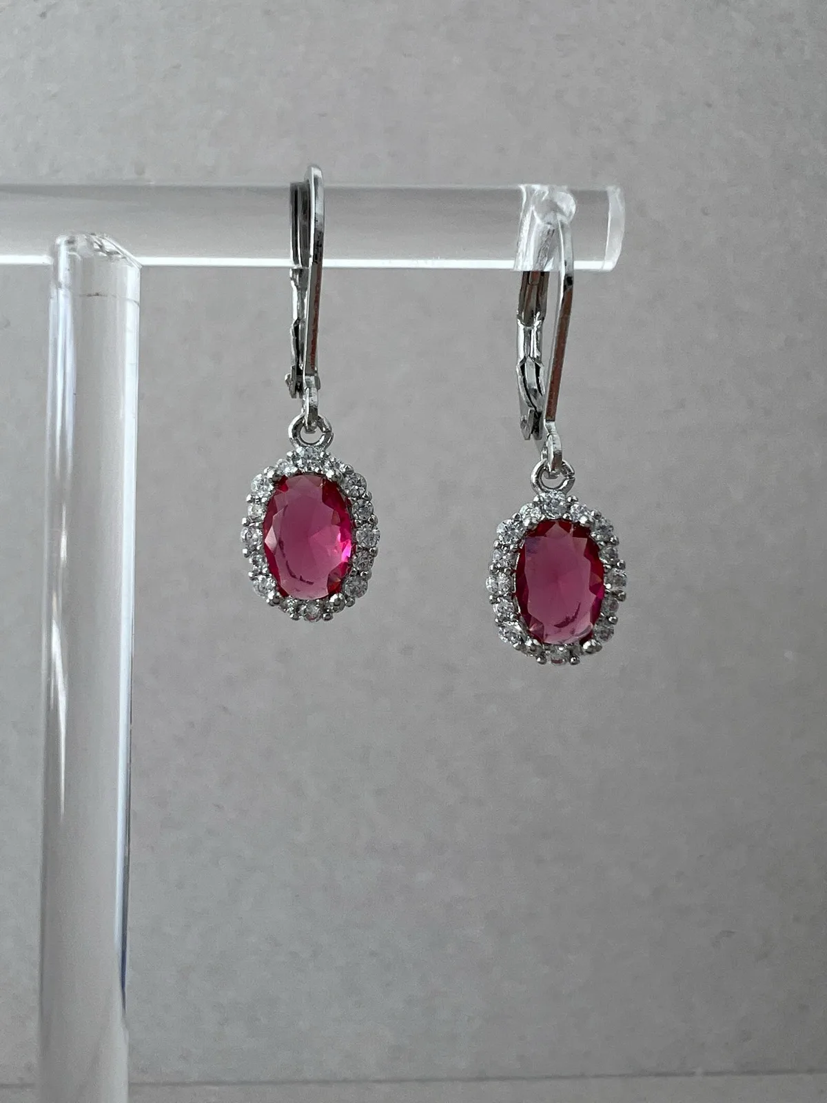Ruby Red Oval Cut CZ Halo Drop Earrings Sterling Silver Vintage Classic Elegant – photo 3