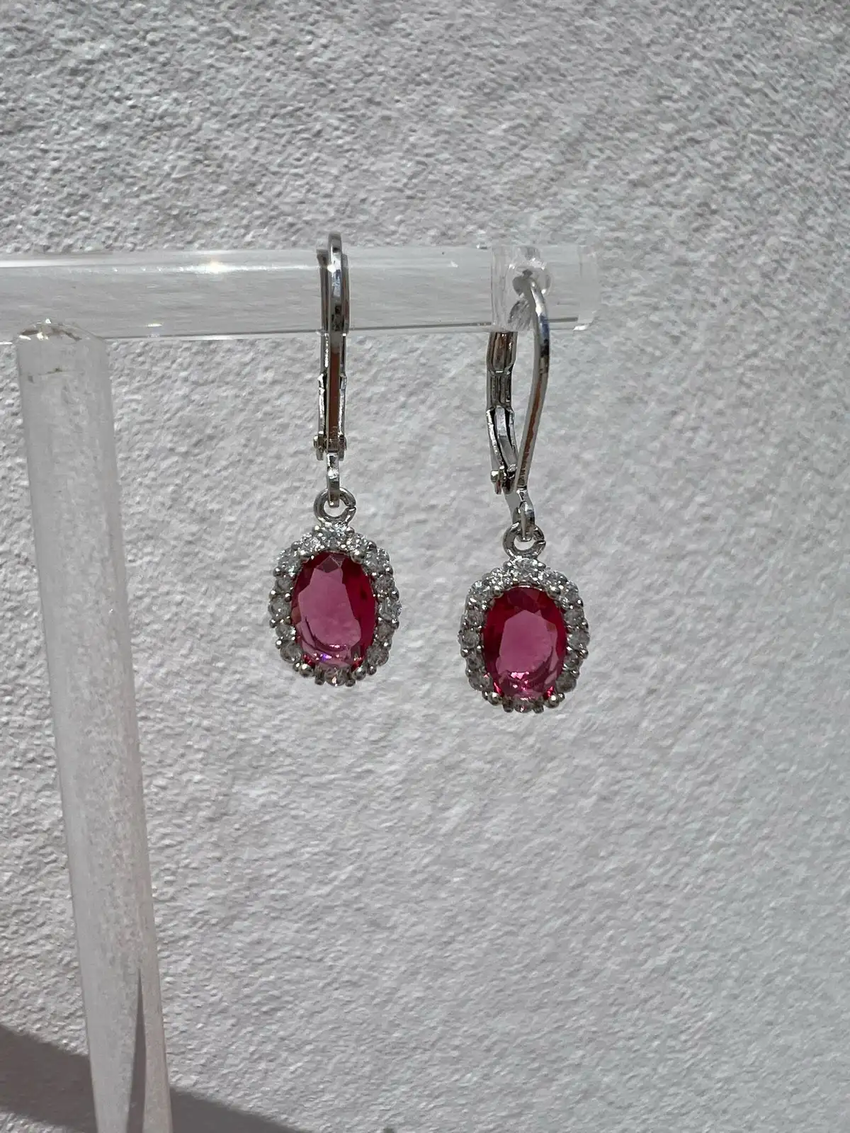 Ruby Red Oval Cut CZ Halo Drop Earrings Sterling Silver Vintage Classic Elegant – photo 2