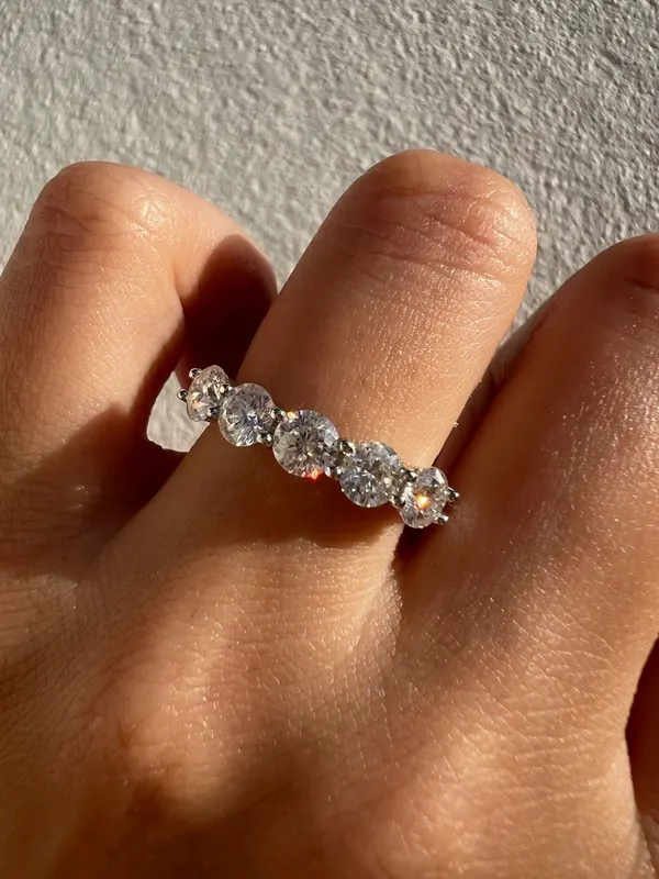 925 Sterling Silver 5 Stone Round Clear Moissanite Half Eternity Ring Size I 1/2