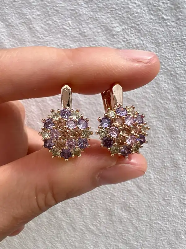 Rose Gold Pastel Floral Earrings Purple Crystal Look Leverback Drops Vintage Sty