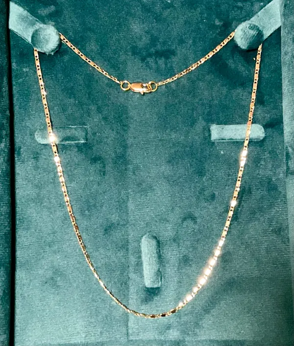 14K Gold Plated Flat Mariner Chain Necklace (45cm / 2mm) with Teal Velvet Case