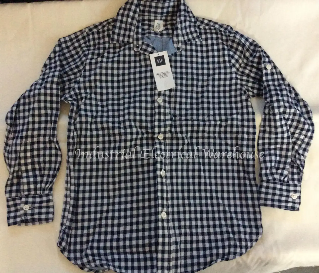 Gap Kids Long Sleeves Polo Poplin Button Up Shirt Navy Blue White Check Size 10 – photo 3