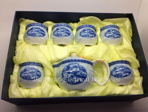 Chinese Blue White Porcelain Tea Set 9 Piece Qingming River Scene Gift Box New