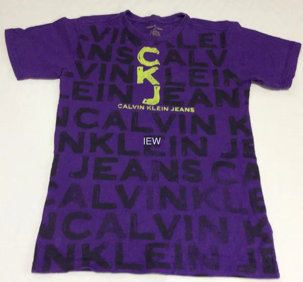 Calvin Klein Jeans Boys T-Shirt All Over Logo Print Purple Lime Crewneck Size M