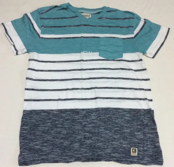 Distortion Boys V-Neck T-Shirt Washed Navy Blue White Green Size M 12/14