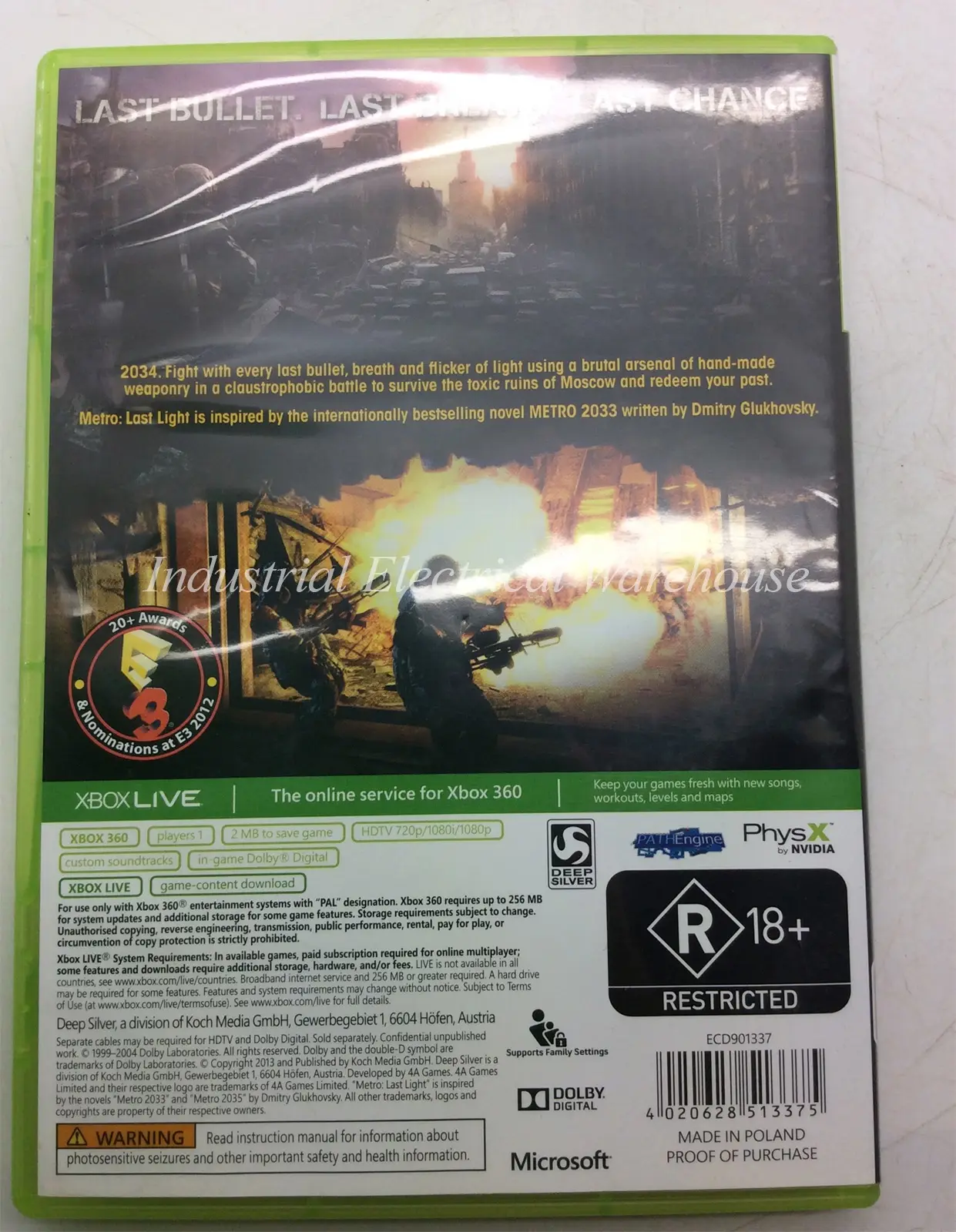 Xbox 360 Metro Last Light by Deep Silver Game Disc & Manual PAL – photo 2