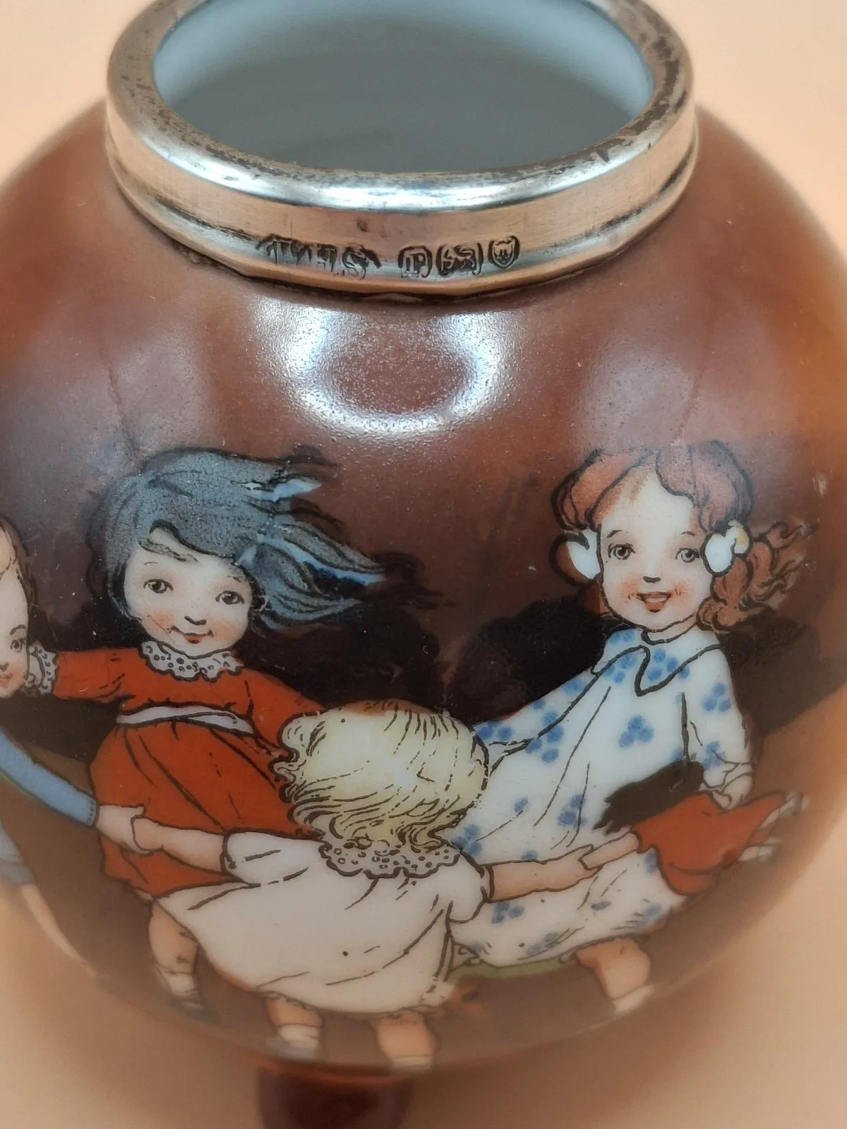 Antique Royal Bayreuth Footed Pot 1905 Birmingham Sterling Silver Children – photo 2