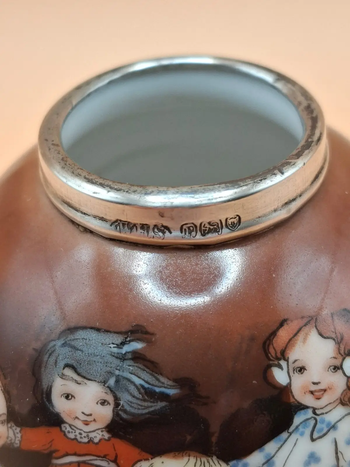 Antique Royal Bayreuth Footed Pot 1905 Birmingham Sterling Silver Children – photo 3
