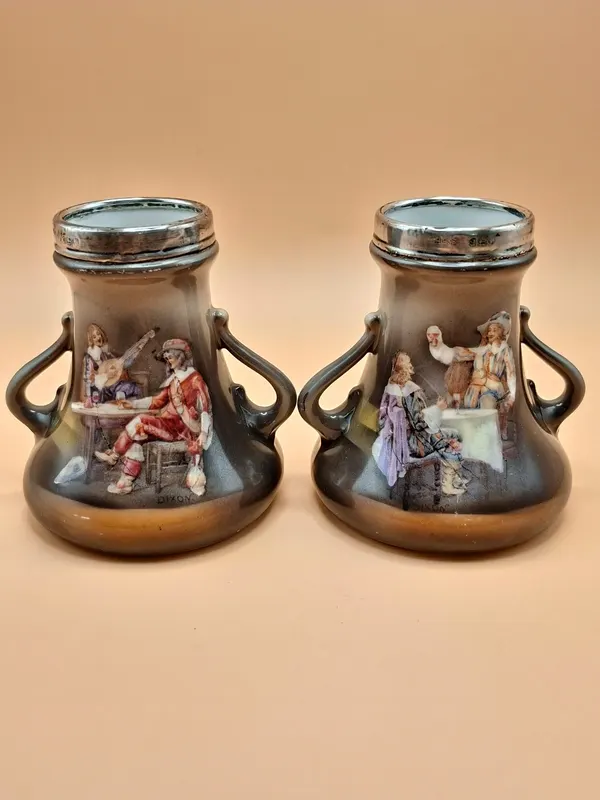 Pair Antique Royal Bayreuth Silver Collar Vases 1915 Dixon Cavalier Bavaria VGC