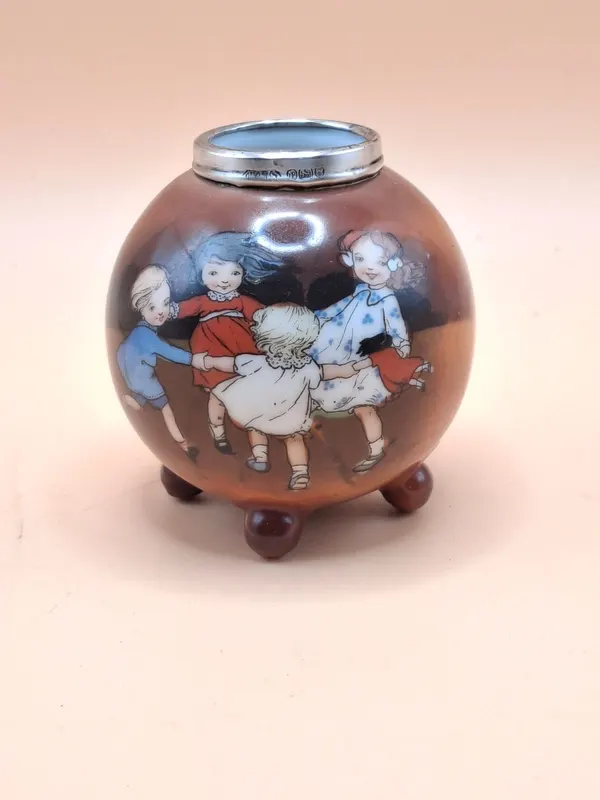 Antique Royal Bayreuth Footed Pot 1905 Birmingham Sterling Silver Children