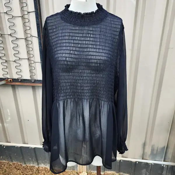 Anko black l/s top shirred sheer size 18