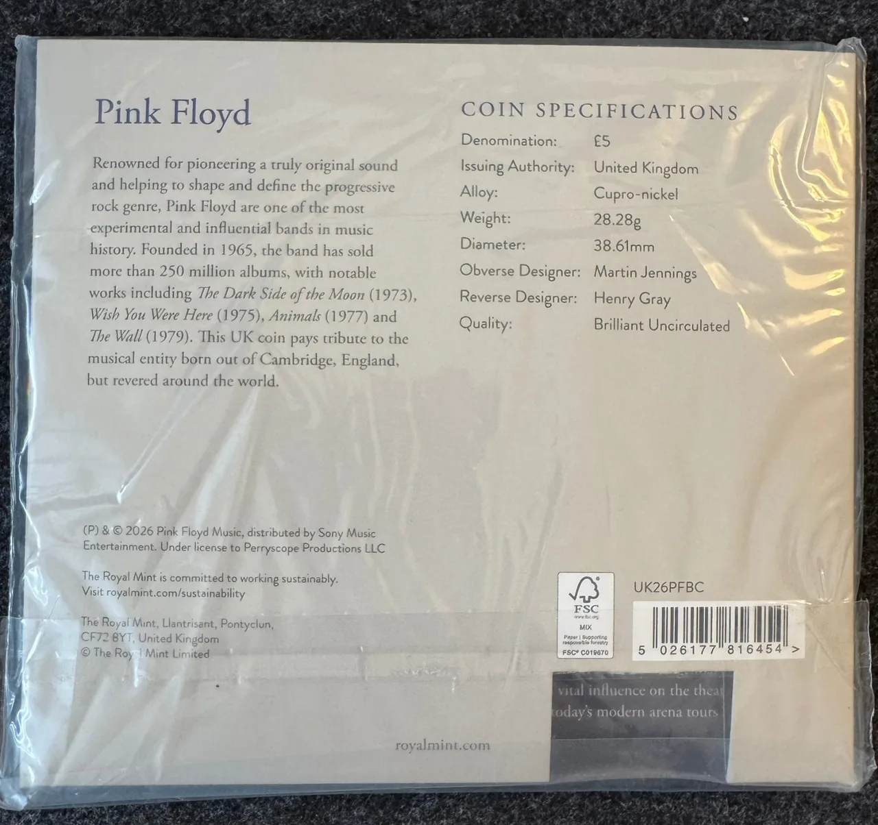 Pink Floyd 2026 UK £5 Brilliant Uncirculated Colour Coin – photo 2